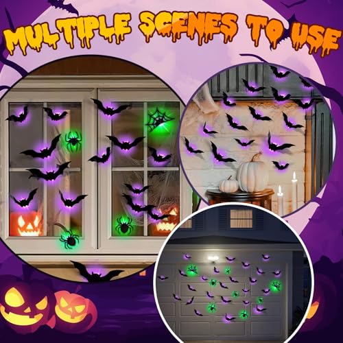Halloween Bat Wall Decor with LED Lights, 3D Glowing Stickers - Spider Variation