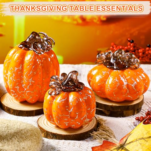 Orange Hand Blown Glass Pumpkin Figurines Set - Fall Harvest Decor, 3 Sizes