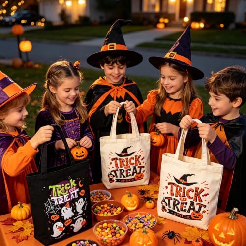 Black Halloween Canvas Tote Bag - Trick or Treat Spooky Witch & Pumpkin Design, 15-Inch Candy Bag