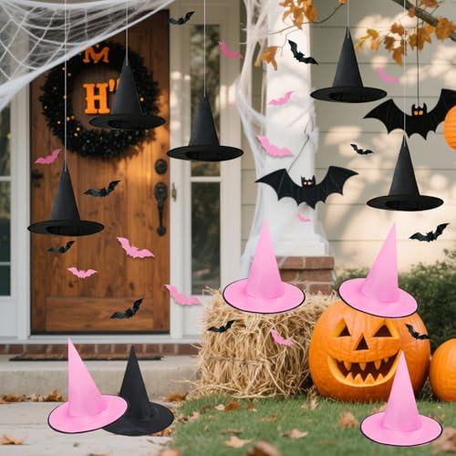 Halloween Hanging Witch Hats Set with Bat Wall Decor & Rope - Spooky Indoor Outdoor Party Decorations