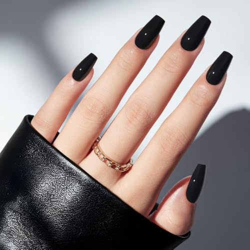 modelones Coffin Press On Nails Short Fake Nails Black A5
