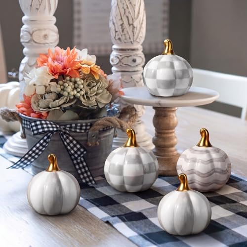 DoubleFill White Checkered Stripe Ceramic Pumpkins Fall Centerpiece - Gray & White, 6 Pieces