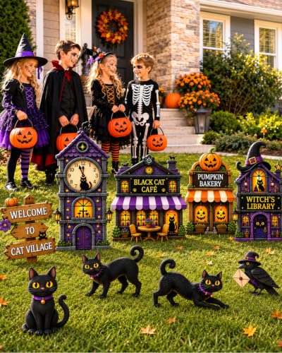 Halloween Yard Signs Outdoor Decorations Set - Black Cat Village Scene, 12 Pcs