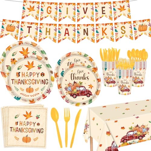Thanksgiving Party Supplies 142pcs Fall Plates Napkins Cups Flatware Tableware Set - Happy Fall Maple Leaves & Banner, Autumn Decorations