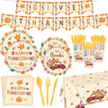 Thanksgiving Party Supplies 142pcs Fall Plates Napkins Cups Flatware Tableware Set - Happy Fall Maple Leaves & Banner, Autumn Decorations