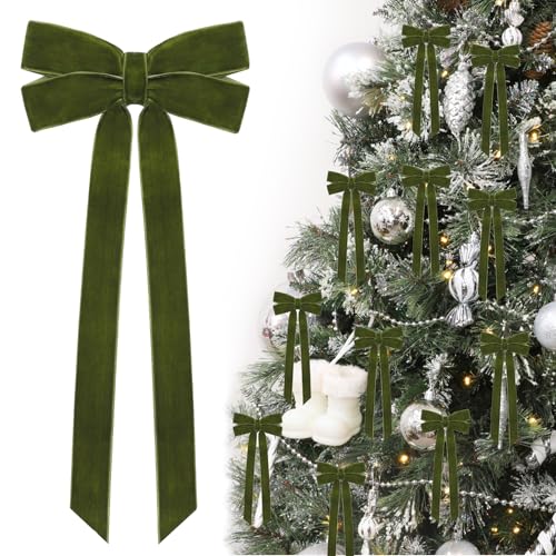 Green Velvet Ribbon Bows 12-Pack Christmas Tree Decorations Holiday Ornaments