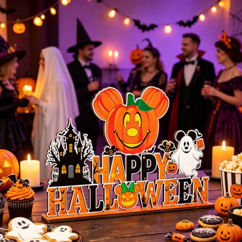 Halloween Wood Table Centerpiece Decorations - Spooky Pumpkin, Ghost & Castle
