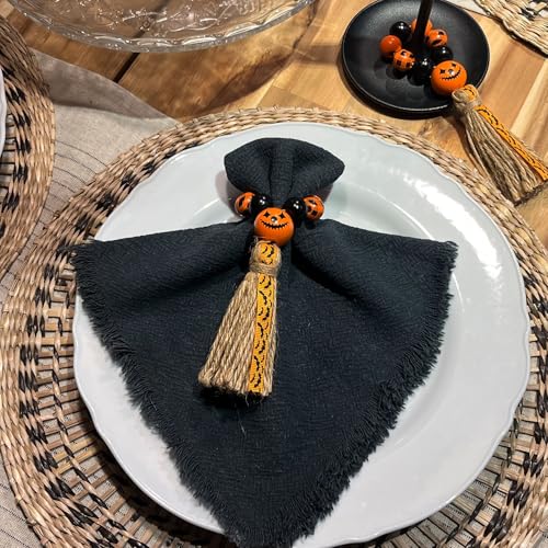 Halloween Napkin Ring Set of 12 with Wooden Beads and Jute Tassels