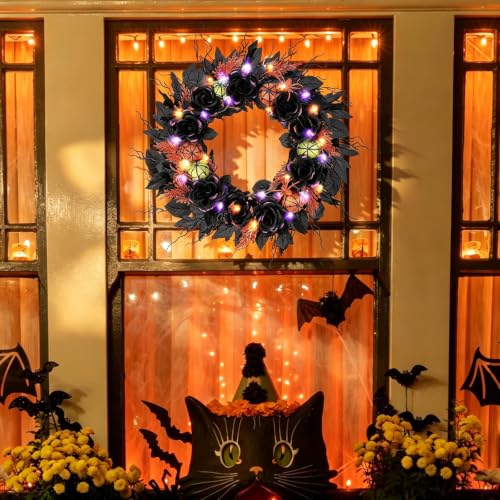 22-Inch Pre-Lit Halloween Wreath with 60 LED Lights for Front Door Decor