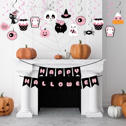 Pink Halloween Party Decorations 49Pcs Spooky Bats Ghost Pumpkins Banners & Swirls