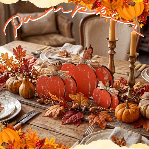 Rustic Fall Wooden Pumpkin Decor Set - 3 Pcs Tabletop Autumn Decorations - 4, 6, 8 Inches with Distressed Finish & Raffia Bows