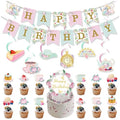 Birthday Party Banner Set with Cake Toppers and Spiral Charms - Tea Gathering Theme