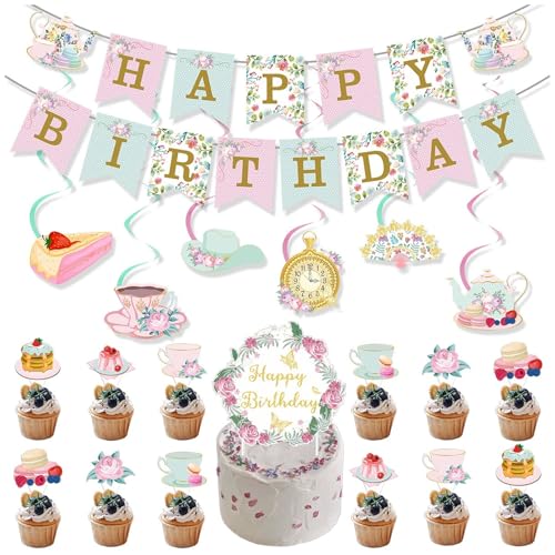 Birthday Party Banner Set with Cake Toppers and Spiral Charms - Tea Gathering Theme