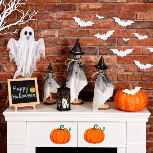 Halloween Ghost Decorations Set of 3 Rustic Wooden Tabletop Figures with Witch Hats