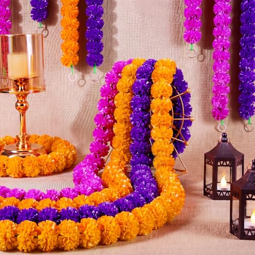 Artificial Marigold Garland 15 Pack - Orange, Dark Purple, Violet 5ft for Party Decor