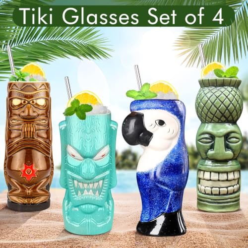 SuproBarware Tiki Mugs Set of 4 - Large Ceramic Hawaiian Party Drinkware