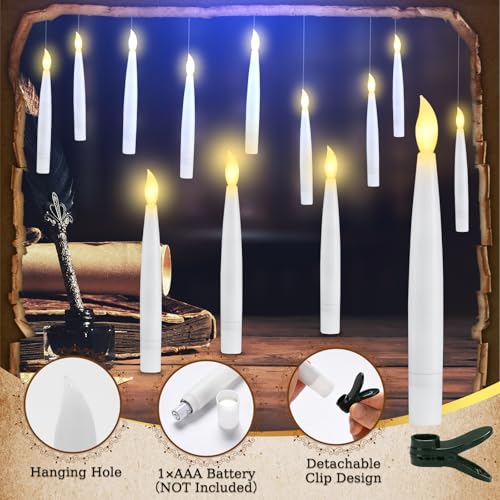 Floating LED Candles with Wand & Clips - Flameless Magic Hanging Decor, 12 Pack