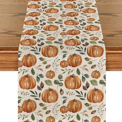 Pumpkin Table Runner with Roses Leaves Fall Seasonal Autumn Kitchen Decor 13x72 Inch