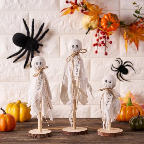 Halloween Ghost Decorations Indoor Set of 3 Rustic Wooden Stand Spooky Table Centerpieces
