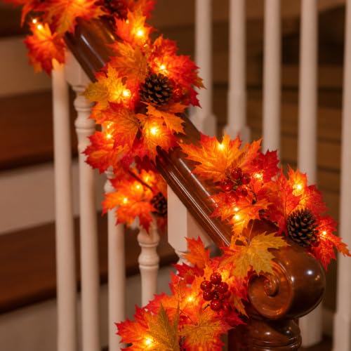 Lush Fall Garland with Pinecones Berries and Lights - 108 Inches, Connectable, UL Certified