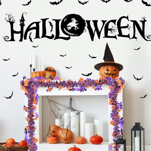 Halloween Tinsel Garland Party Decorations - 33FT Orange Purple Black with Pumpkins & Bats - Indoor Outdoor Decor
