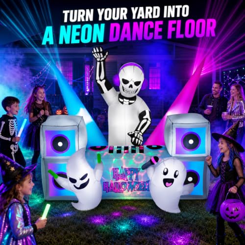 7FT Halloween Inflatable Skeleton DJ Party Yard Decoration with Multi-Color LED Lights