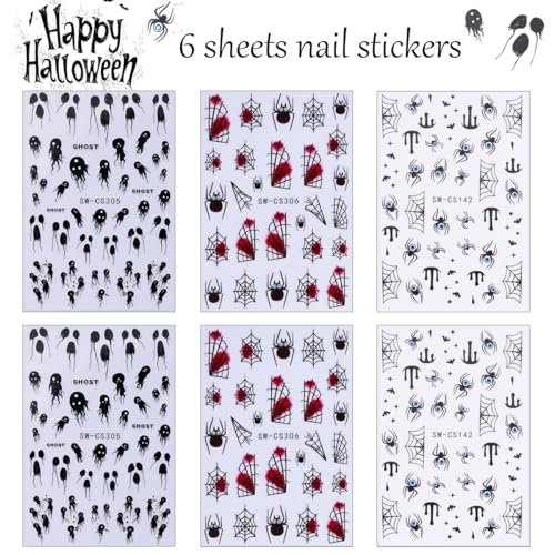Halloween Nail Stickers 01 - 6 Sheets Spider Web Bat Ghost Decals for DIY Manicure