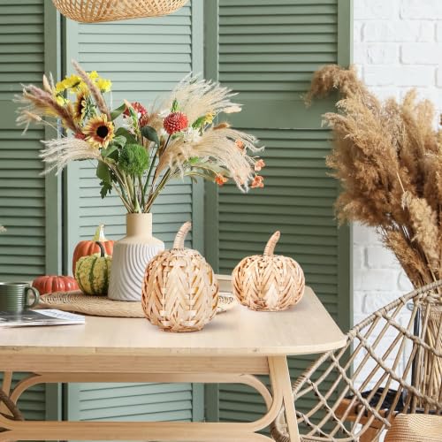 3pcs Fall Pumpkin Decor Set - Woven Rattan Artificial Pumpkins for Thanksgiving & Halloween