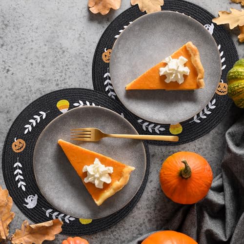 Halloween Placemats Set - Ghost Pumpkin Candy Corn Embroidered Table Decor - 4 Pieces
