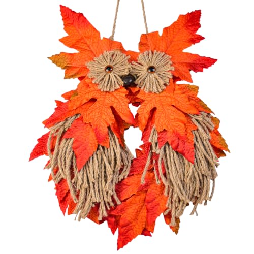 Autumn Owl Wreath for Front Door - Handcrafted Fall Seasonal Decor 14x9 in