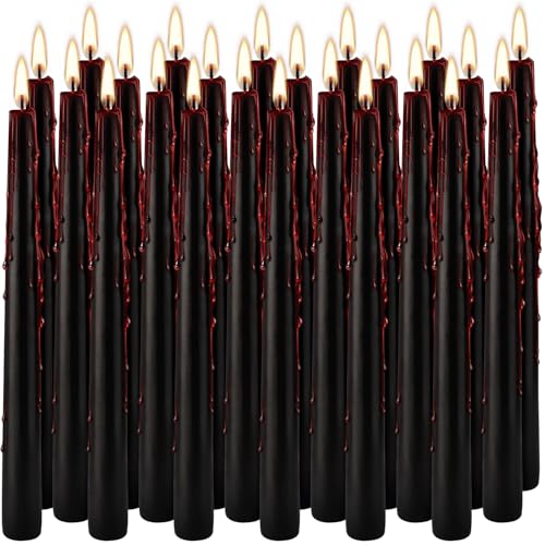 Black Bleeding Taper Candles Set 24 - 10 Inch Gothic Halloween Decorations - Spooky Blood Drip Candles