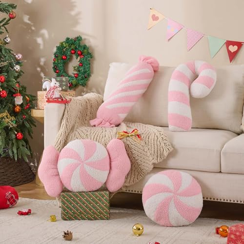 Pink Christmas Candy Pillows Set of 4 - Festive Long Lumbar Throw Cushions for Sofa & Bedroom - Holiday Decor