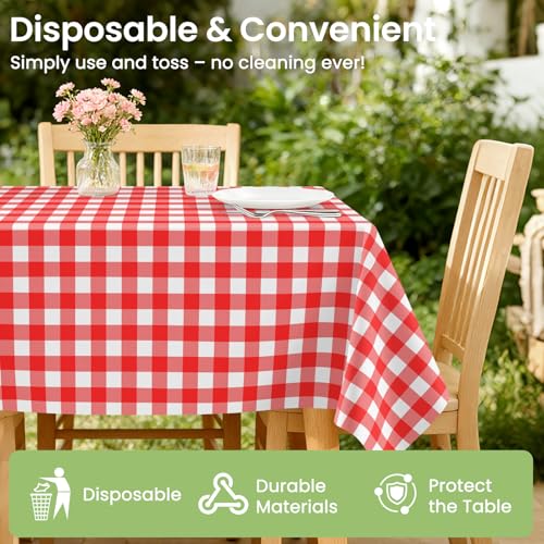 LANLISA Disposable Red Gingham Tablecloths 4 Pack - 54x108 Inches for 6ft Tables & Outdoor Use
