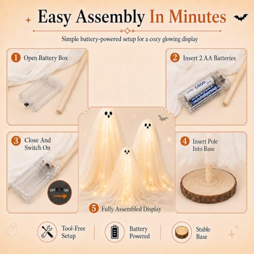 Halloween Ghost Decorations Indoor 3 Pack with Warm White Lights - Witch Hat Lamp & Candlesticks