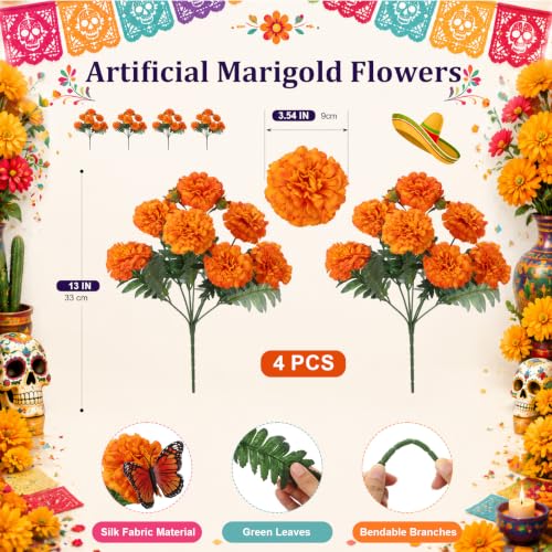 Artificial Marigold Flower Bouquet - Day of the Dead Ofrenda Decor, Orange, 7 Flowers