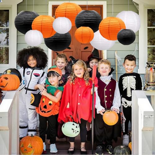Halloween Paper Lanterns Set - Black, Orange, White 12pcs Decorative Hanging Decorations