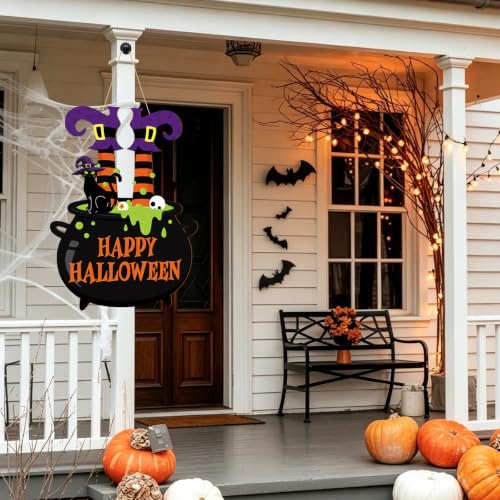 Large Black Halloween Wooden Door Wreath - Happy Halloween Sign for Front Door & Wall Decor