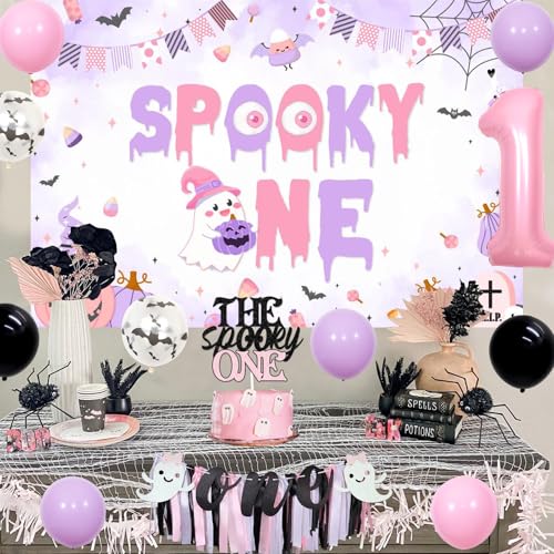 Halloween 1st Birthday Decorations Girl Spooky Party Supplies Pink Purple Black Balloons Cake Topper