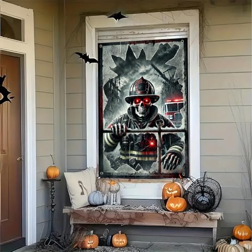 Halloween Skeleton Fireman Window Cover - 31x47 Inch Decoration - Colorful