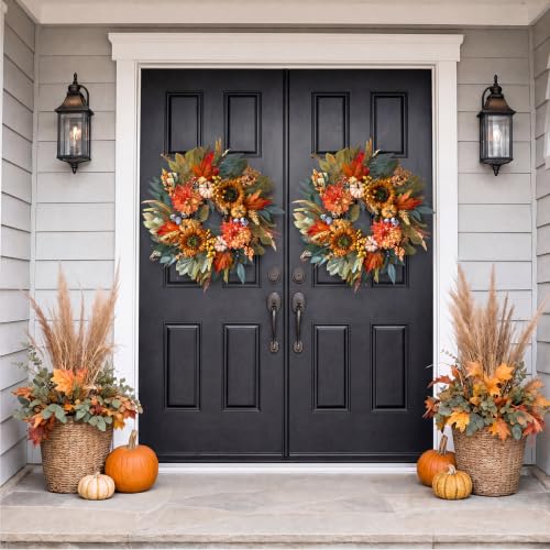 Orange Fall Wreath for Front Door 24 Inch Autumn Door Decor Handmade Seasonal