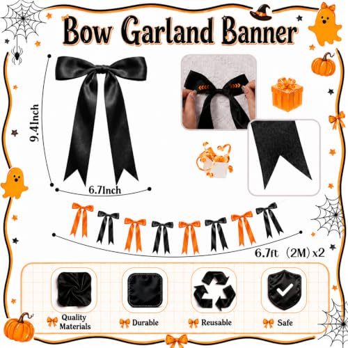 Halloween Bow Garland Banner with Black & Orange Satin Bows - 2 Strands, 16 Large Movable Bows, 13ft Decor