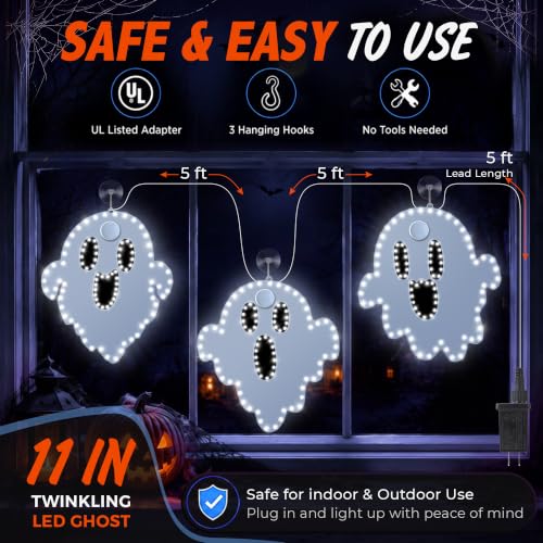 Halloween Ghost String Lights - 3 Pack Twinkling LED Silhouettes with Aluminum Frame - Indoor Outdoor Decorations - Variation of Ghosts