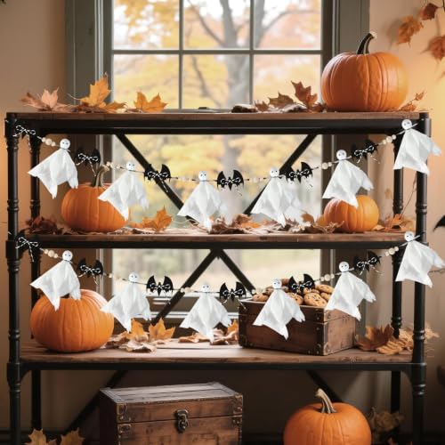 7 Ft Halloween Ghost Bat Garland with Wooden Beads, Rustic Indoor Outdoor Decor