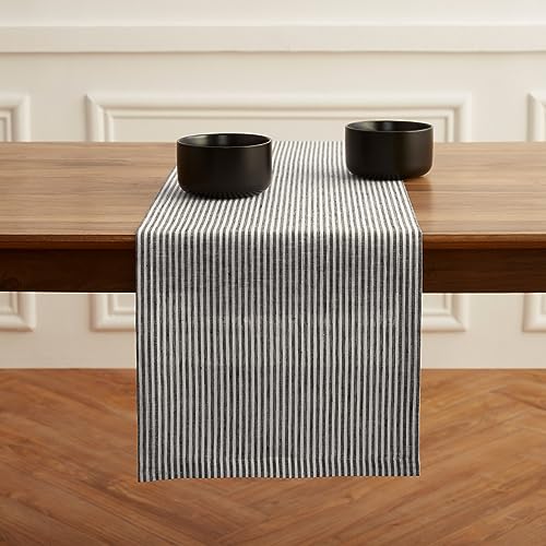 Pure Linen Table Runner 14x108 Inches - Black & White Narrow Stripe — Handcrafted, Elegant Dining Decor
