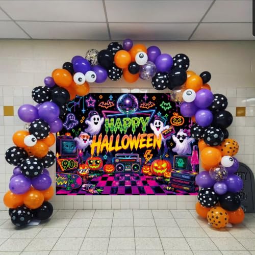 90s Retro Halloween Backdrop 6x4FT Neon Spooky Ghosts Pumpkins Party Decor