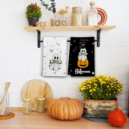 Halloween Kitchen Towels Set - Black Cat Pumpkins Ghosts, Color 4, 2 Designs