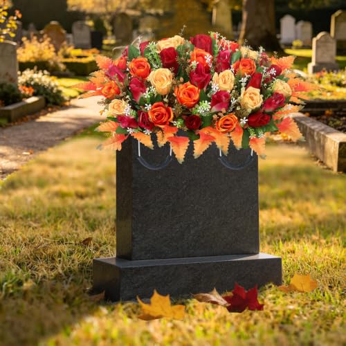 Fall Artificial Cemetery Flowers for Grave - Headstone Flower Saddle Orange - Long-Lasting Autumn Decor