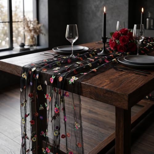 Black Embroidered Floral Daisy Tulle Table Runner 10FT 3 Pack - Halloween Decor