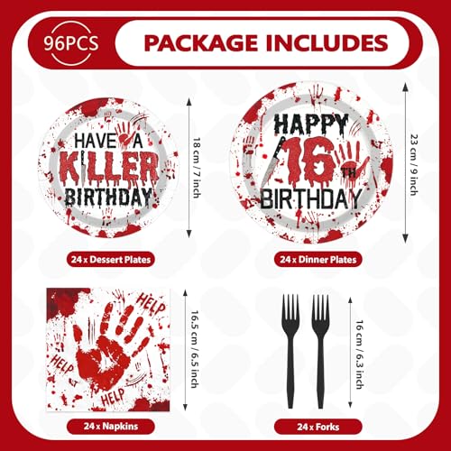 Bold Thriller Style Bloody 16th Birthday Party Plates & Decor Set - Serves 24