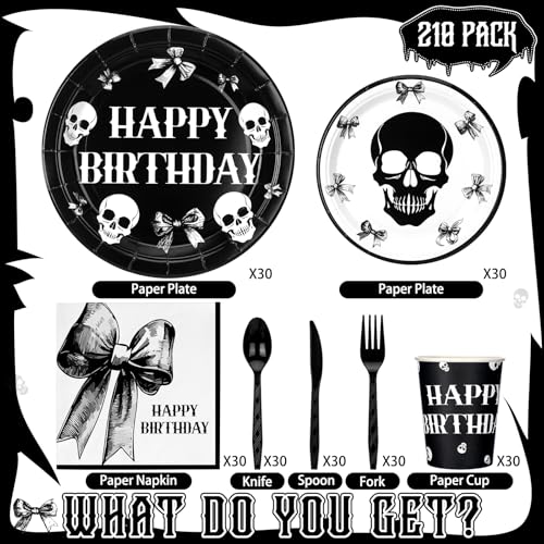 Gothic Halloween Birthday Party Tableware Set - Skeletons & Bows, 210 Pieces